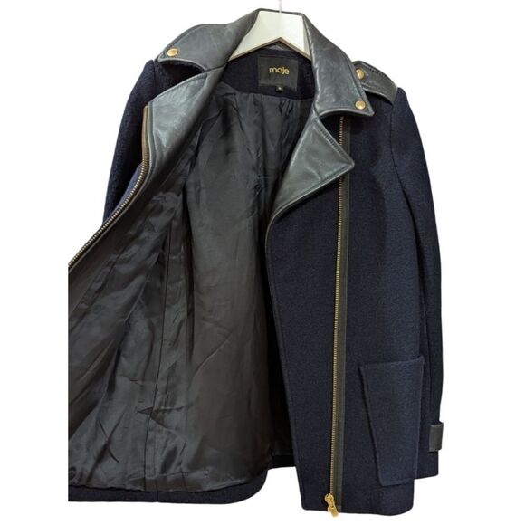 Maje Leather Collar Trim Coat Women's S EU 36 Wool & Calf Skin in Navy & Black - Picture 4 of 12